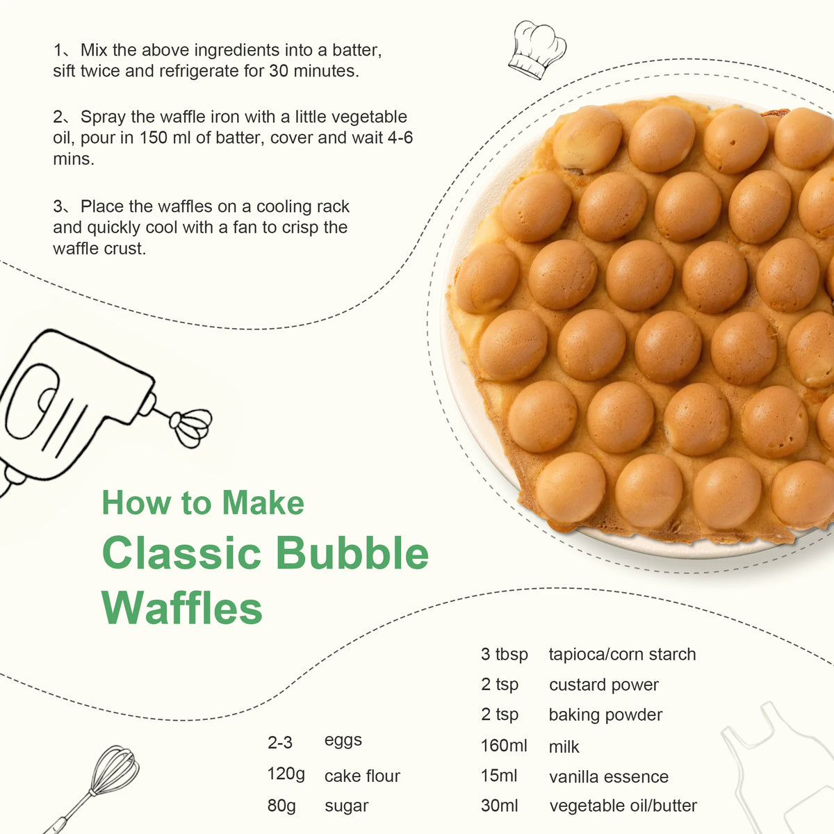 CACHOO Bubble Waffle Maker 950W Nonstick Griddle for Desserts