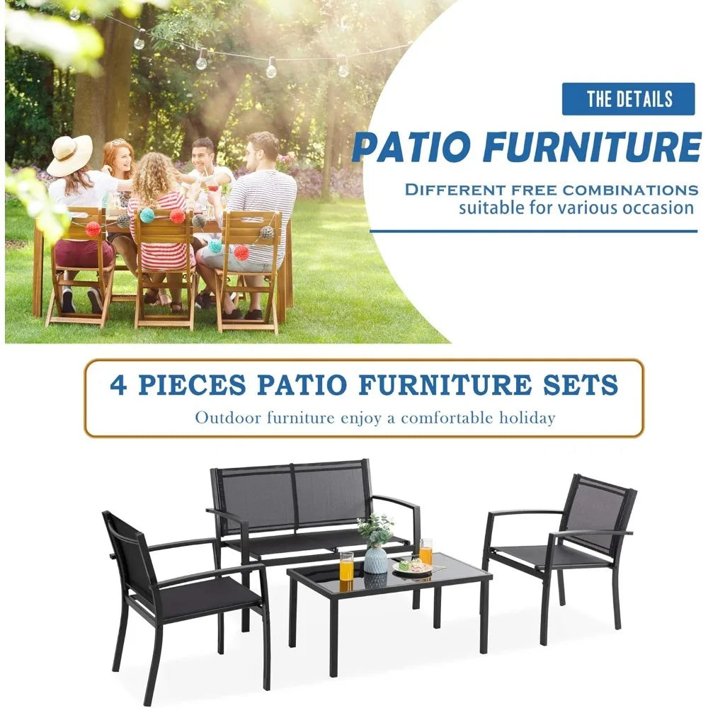 Patio Furniture 4 Piece Outdoor Conversation Set With Glass Coffee Table