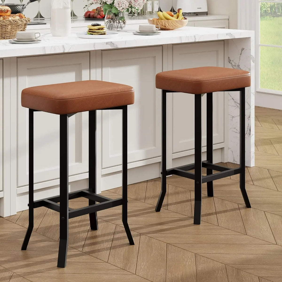 Modern Metal Frame PU Leather Counter Height Bar Stools With Footrest