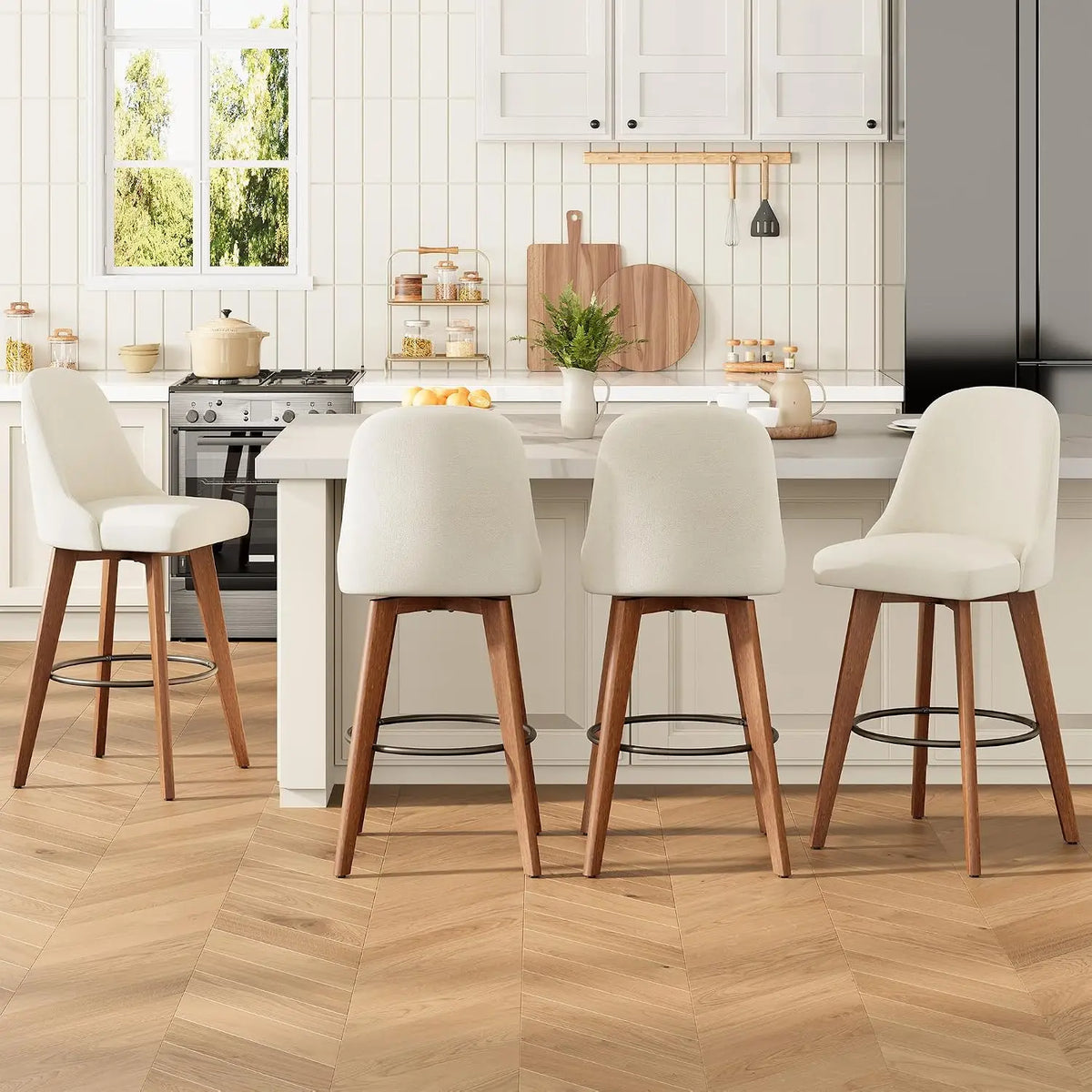 Modern Linen Upholstered Swivel Bar Stools With Wood Legs