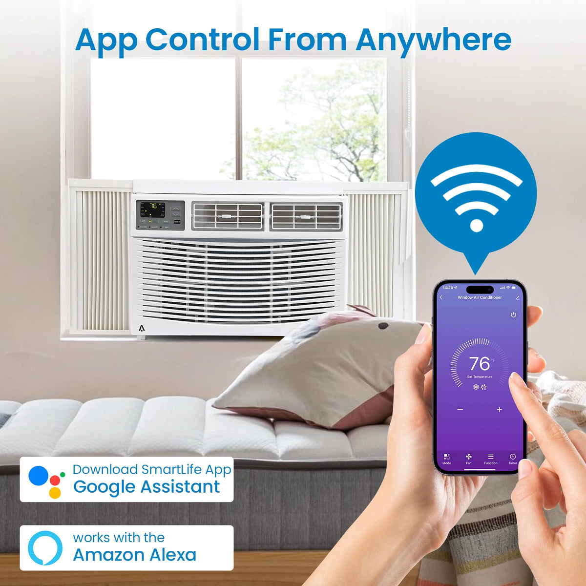 8000 BTU Smart Window Air Conditioner with Wifi, Remote &Control - 3-in-1 with Dehumidifier, 3 Fan Speeds, 24H Timer – for Bedroom, Office, or Home, Ultra Quiet & Efficient, Up to 350 Sq. Ft