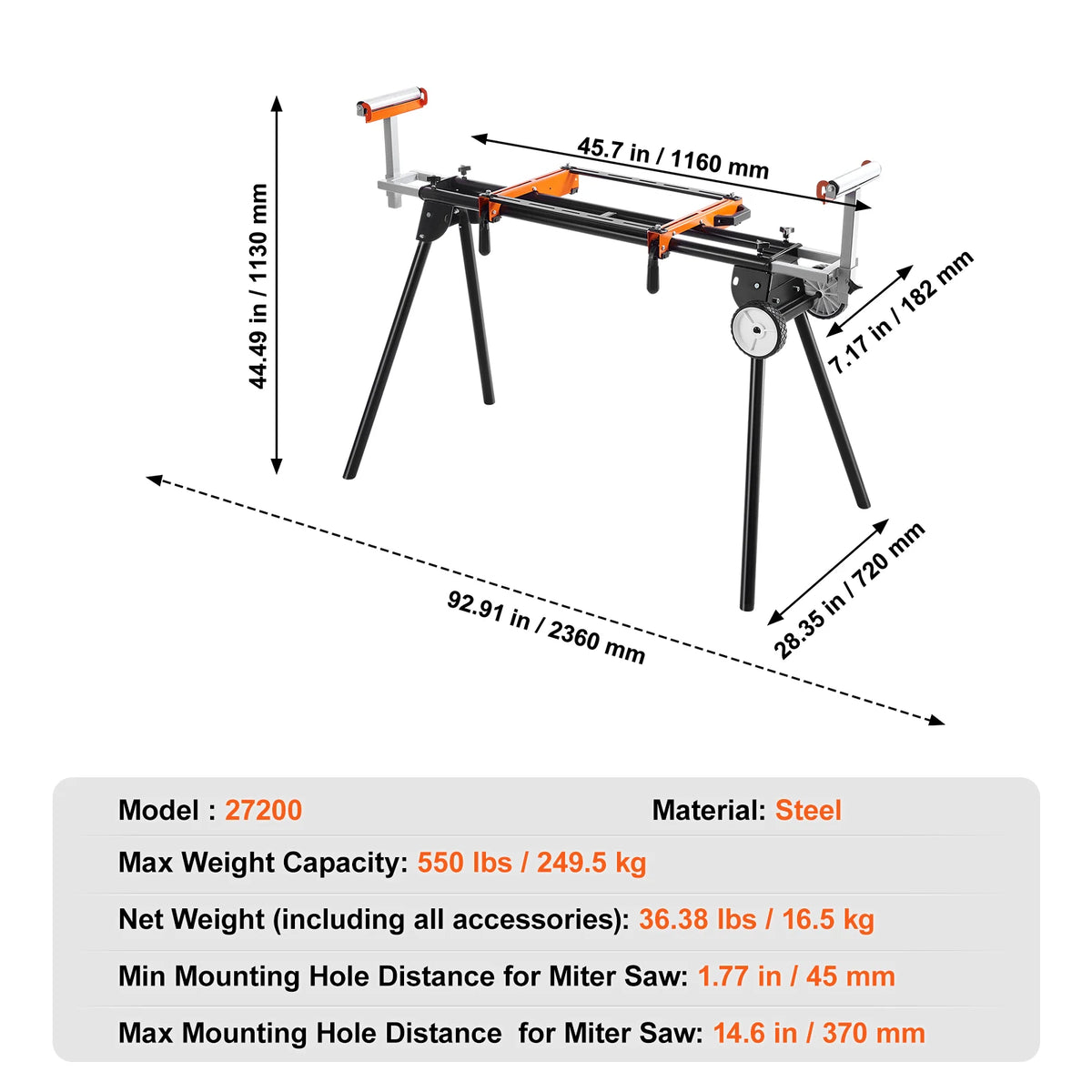 SucceBuy 300/330/550lbs Miter Saw Stand Load Capacity Steel Collapsible Stand Miter Saw w Brackets Clamps Adjustable Length