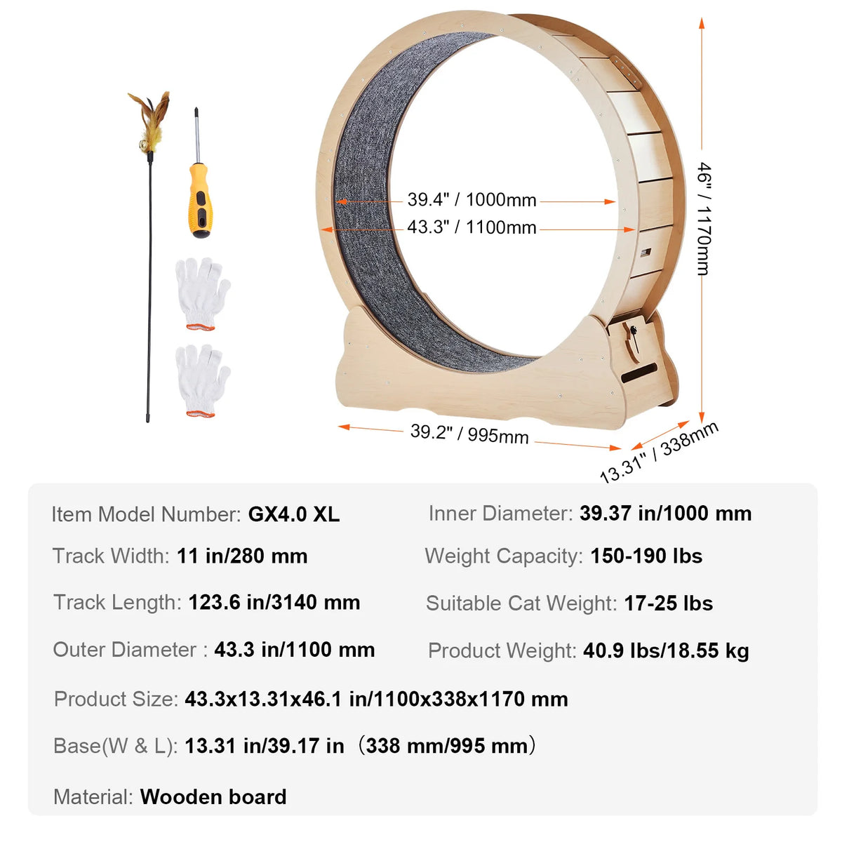 SucceBuy Large Wooden Cat Exercise Wheel With Detector Carpet