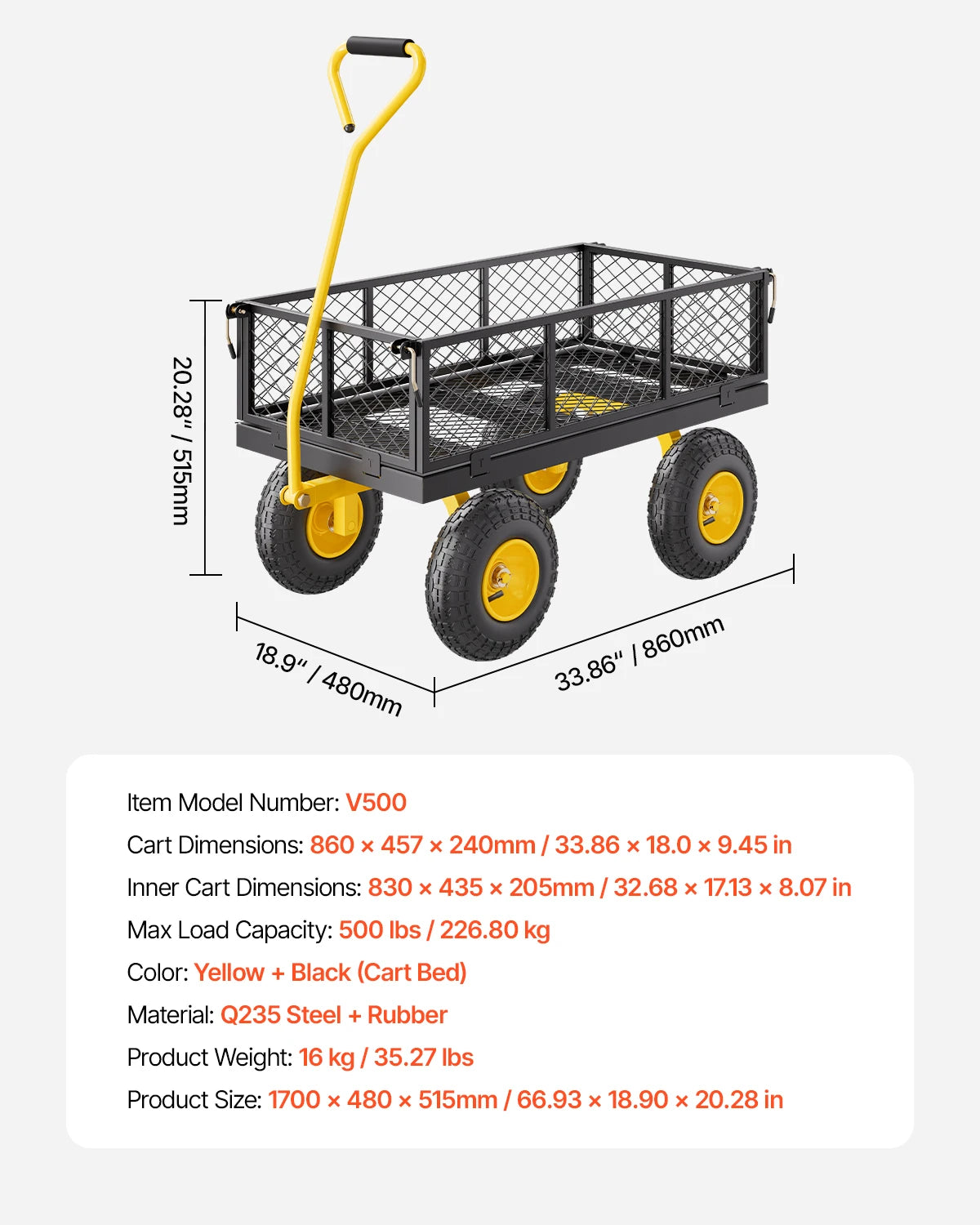 SucceBuy Steel Garden Cart With All Terrain Tires Mesh Sides