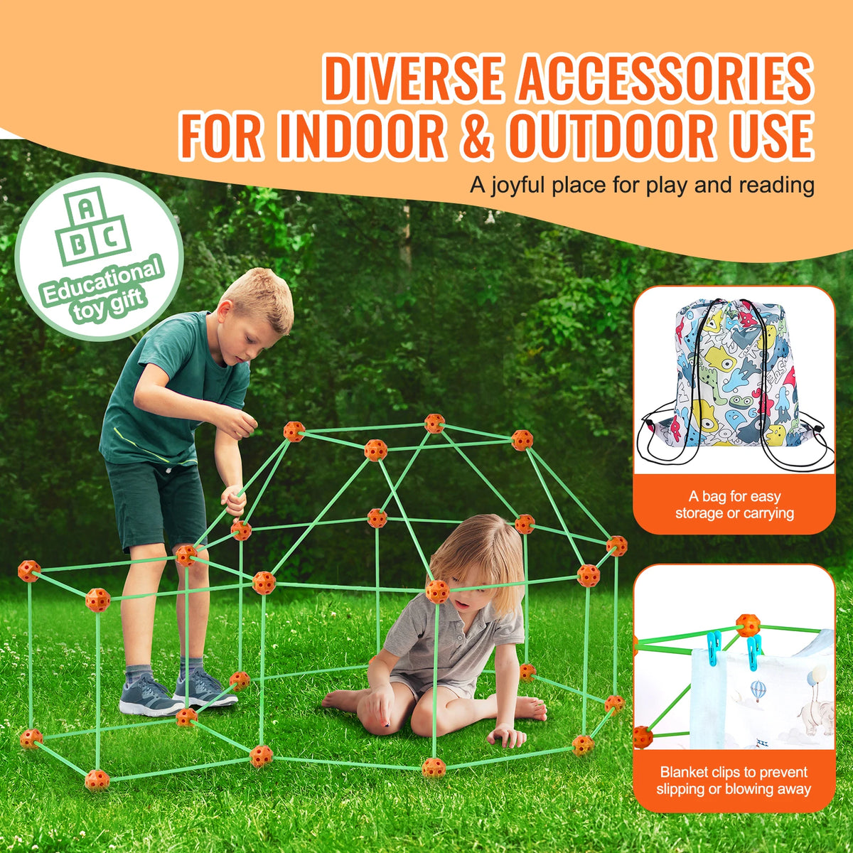 SucceBuy Fort Building Kit Children's DIY Indoor Castle Beading Stem with 96 Rods and 44 Balls Play Tent Toy for 4+ Kids Gifts