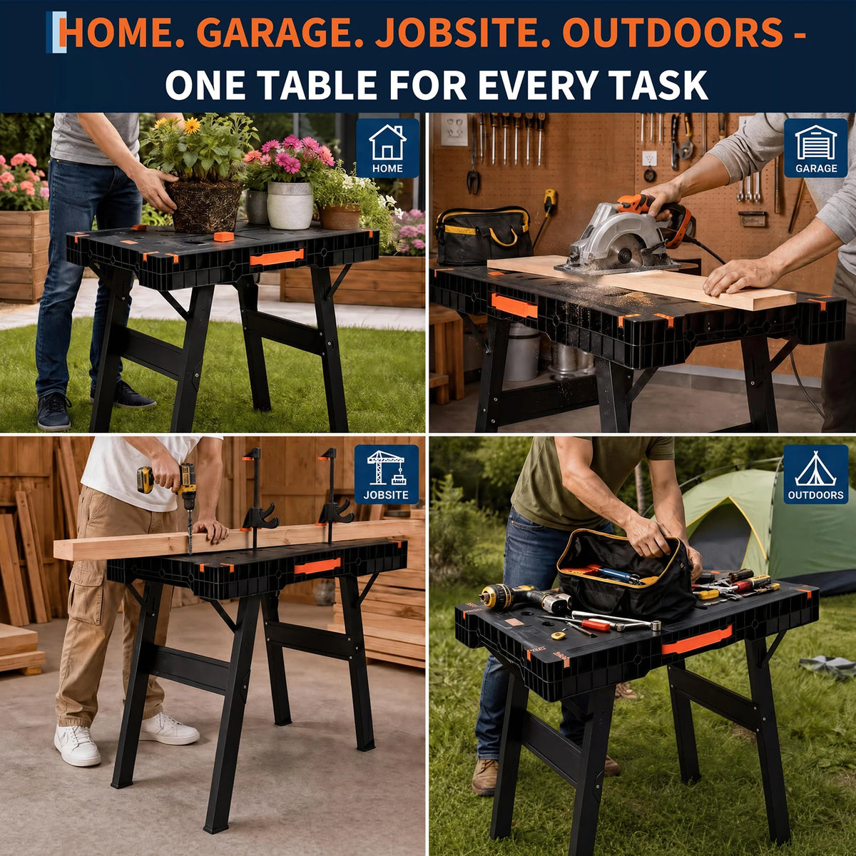 2-in-1 Folding Work Table & Sawhorse, Portable Workbench 300 Lbs, Heavy Duty 1000 Lb Sawhorse For Garage Jobsite