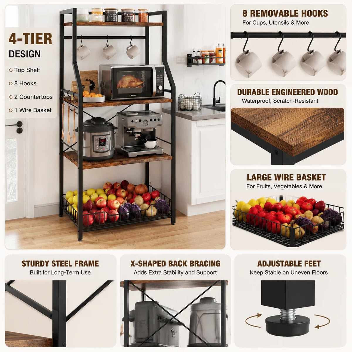 Freestanding Industrial Kitchen Baker Rack With Wire Basket