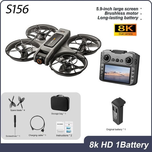 ZNLYRION 8K RC Drone S156 Dual Camera Quadcopter with 5.9-inch Screen Remote Brushless Motor Optical Flow Hovering 360° Protection WiFi FPV Remote Control Aircraft with Storage Bag 1 Battery