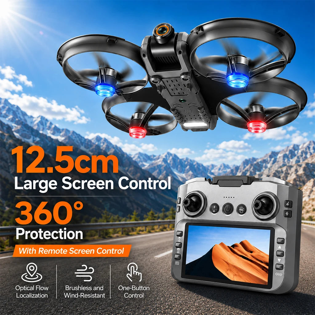 ZNLYRION 8K RC Drone S156 Dual Camera Quadcopter with 5.9-inch Screen Remote Brushless Motor Optical Flow Hovering 360° Protection WiFi FPV Remote Control Aircraft with Storage Bag 1 Battery