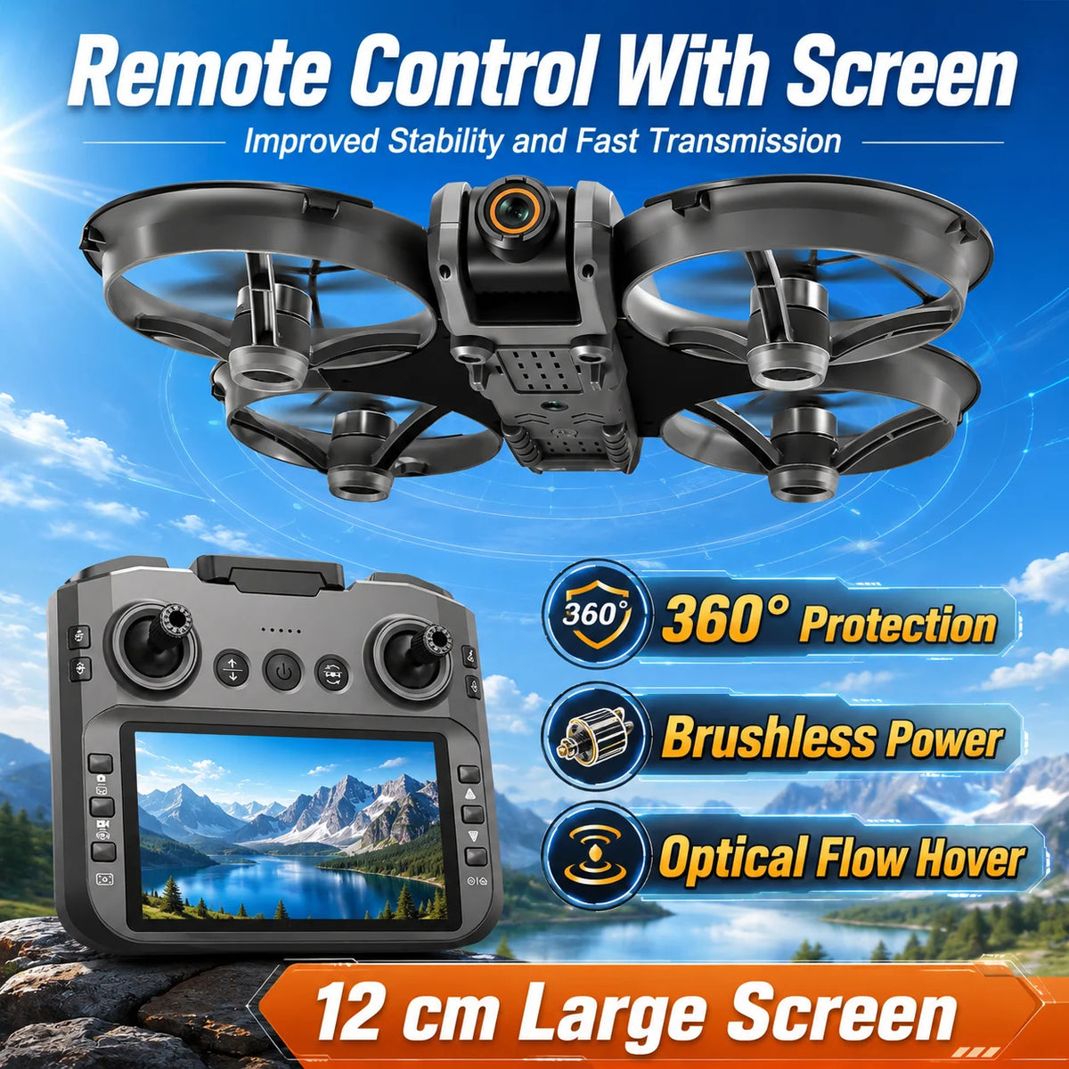 ZNLYRION 8K RC Drone S156 Dual Camera Quadcopter with 5.9-inch Screen Remote Brushless Motor Optical Flow Hovering 360° Protection WiFi FPV Remote Control Aircraft with Storage Bag 1 Battery