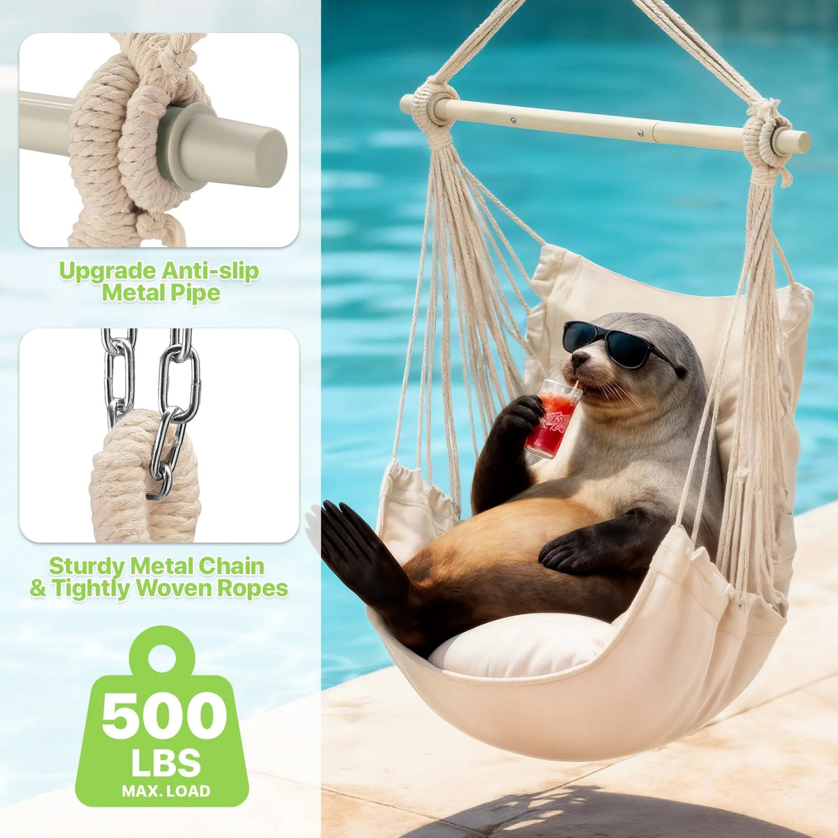 Outdoor Hanging Hammock Swing Chair With Two Comfortable Seat Cushions