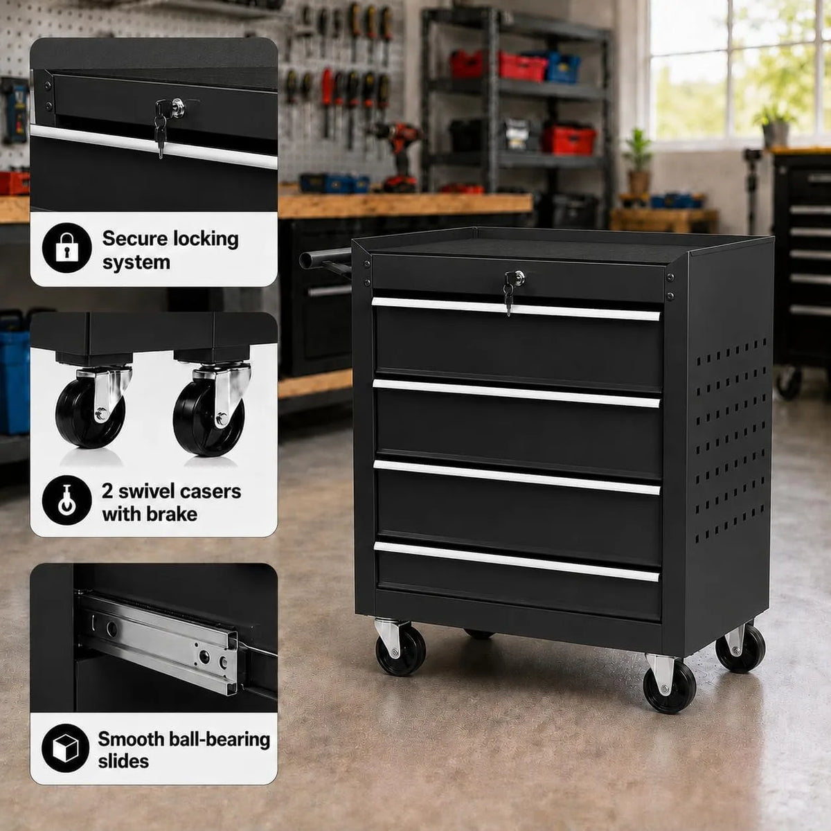Locking Rolling Tool Chest With Wheels 4 Drawer Cabinet Garage