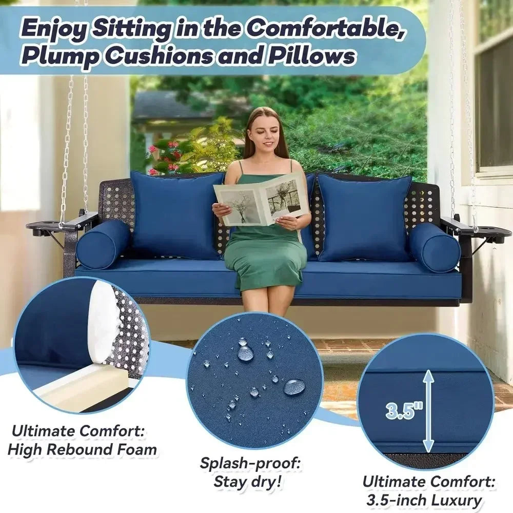 Three Seat Patio Swing Bench With Cup Holders And Cushions
