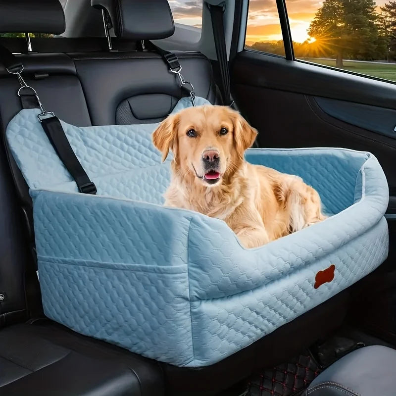 Dog Car Seat Booster Cushion with Memory Foam - Secure Strap Installation, Thick Padding & Storage Bag - Heavy-Duty Travel Bed for Large/Medium Dogs up to 24.95 KG or 2 Small Dogs - Washable Car Seat Protector - Gray Pet Vehi