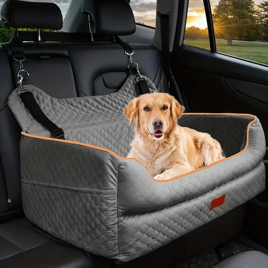 Dog Car Seat Booster Cushion with Memory Foam - Secure Strap Installation, Thick Padding & Storage Bag - Heavy-Duty Travel Bed for Large/Medium Dogs up to 24.95 KG or 2 Small Dogs - Washable Car Seat Protector - Gray Pet Vehi