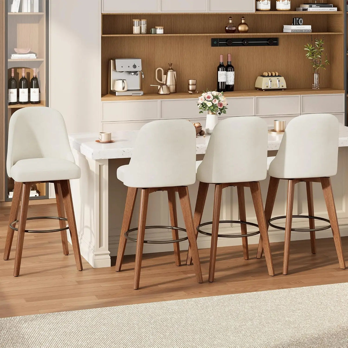 Modern Linen Upholstered Swivel Bar Stools With Wood Legs