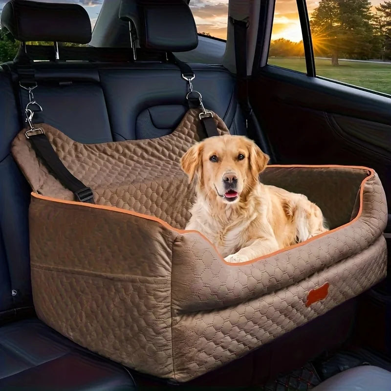 Dog Car Seat Booster Cushion with Memory Foam - Secure Strap Installation, Thick Padding & Storage Bag - Heavy-Duty Travel Bed for Large/Medium Dogs up to 24.95 KG or 2 Small Dogs - Washable Car Seat Protector - Gray Pet Vehi