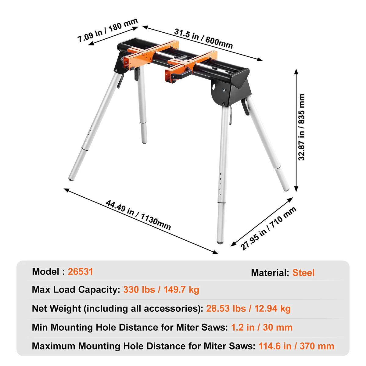 SucceBuy 300/330/550lbs Miter Saw Stand Load Capacity Steel Collapsible Stand Miter Saw w Brackets Clamps Adjustable Length