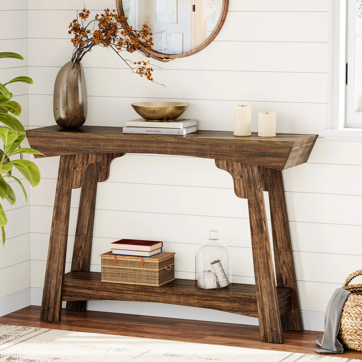 Tribesigns Farmhouse Two Tier Wood Console Table With Storage Shelf