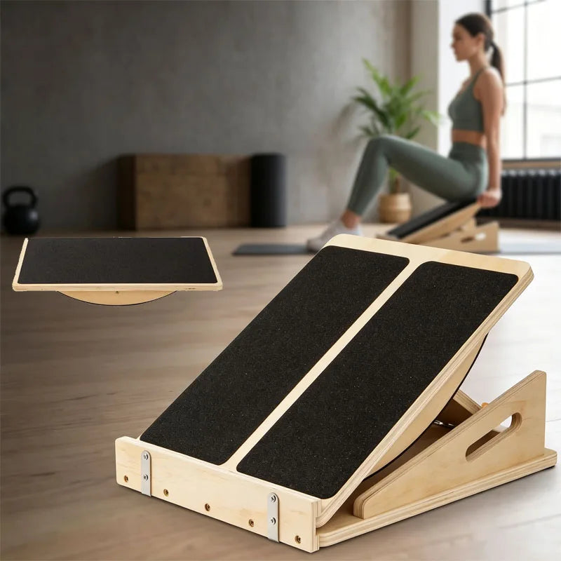 2‑in‑1 Wooden Balance Board & Calf Stretcher Slant Board, Adjustable Angles Non‑Slip Wooden Foot Stretching Board for Ankle Heel Leg Stretch, Core Strength Balance Training, Physical Therapy Home Gym Workout Equipment