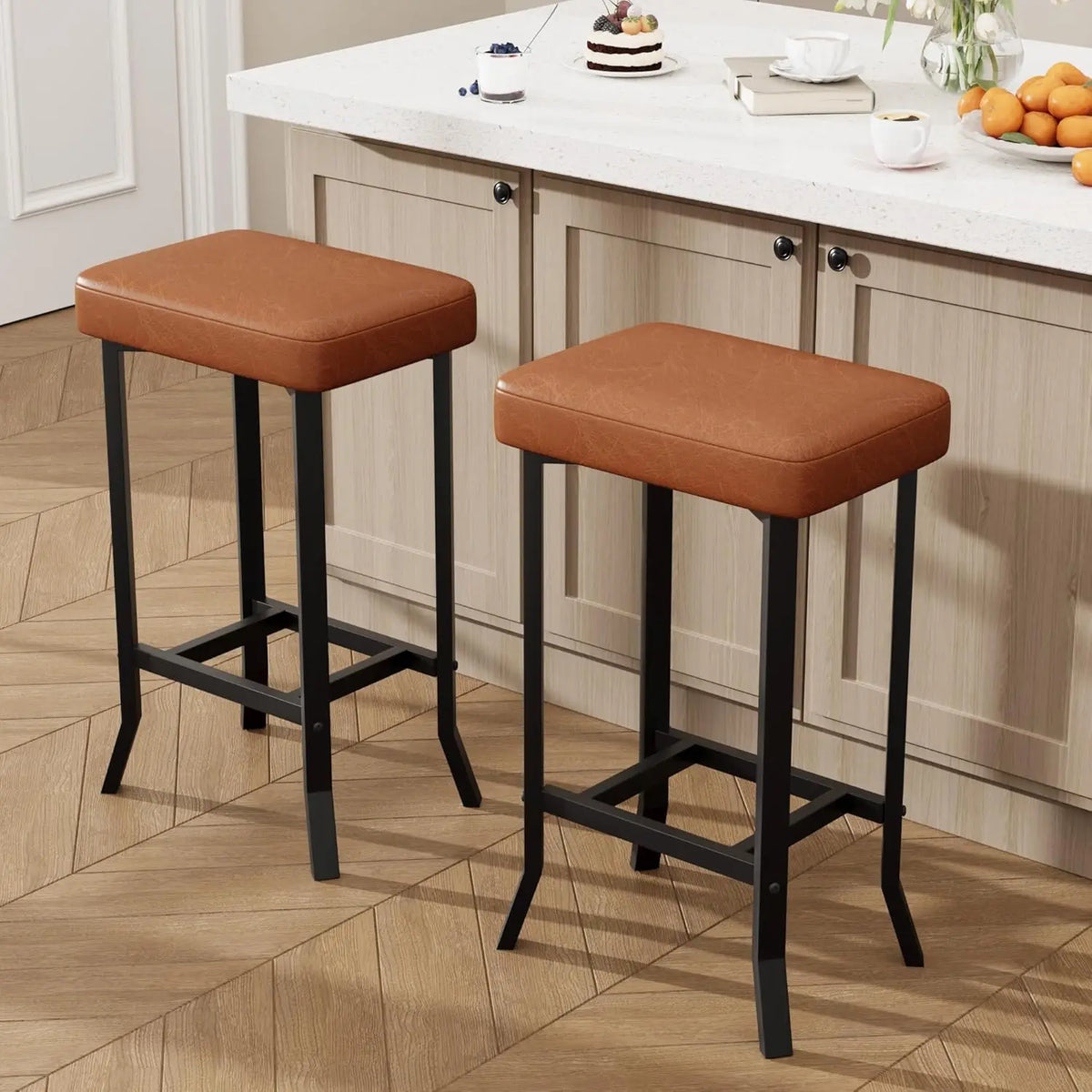 Modern Metal Frame PU Leather Counter Height Bar Stools With Footrest