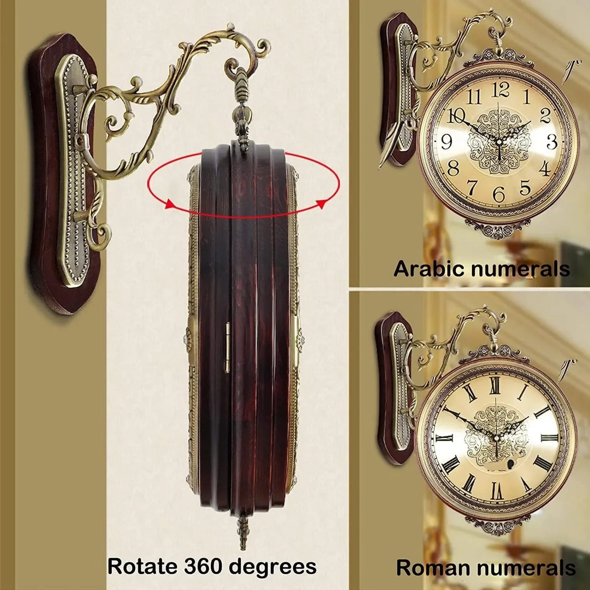 European Style Double Sided Wall Clock Alloy And Wood