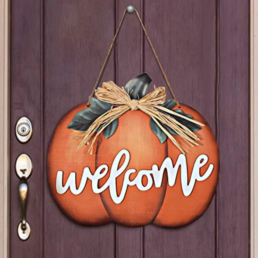 Fall Decor Pumpkin Welcome Sign Thanksgiving Door Hanger Wooden Pumpkin Decor Hanging Porch Sign for Autumn Harvest Thanksgivin