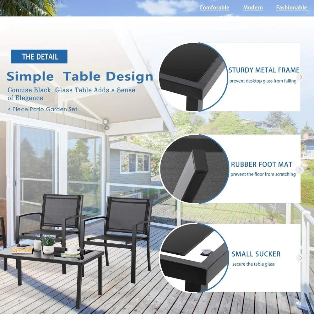 Patio Furniture 4 Piece Outdoor Conversation Set With Glass Coffee Table