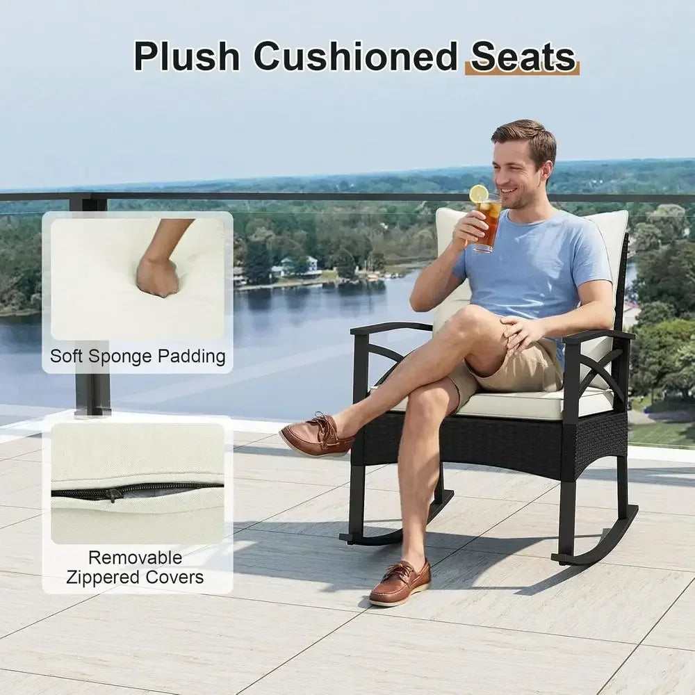 3-Piece Outdoor Rocking Chair Set with Cushions and 2-Tier Glass Coffee Table for Garden, Balcony, Backyard (Black + Beige)