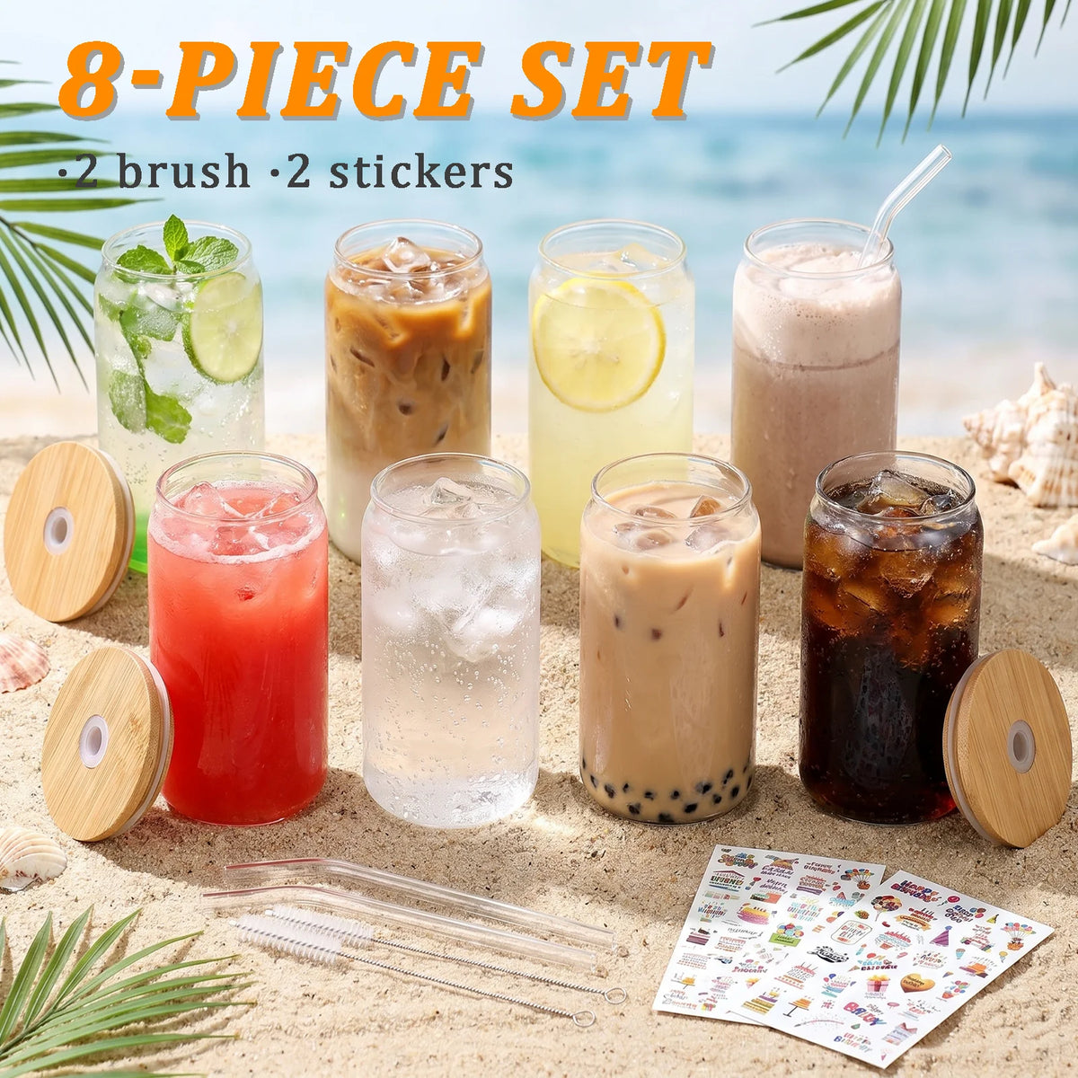 Can Shaped Glass Cups With Bamboo Lids And Reusable Straws