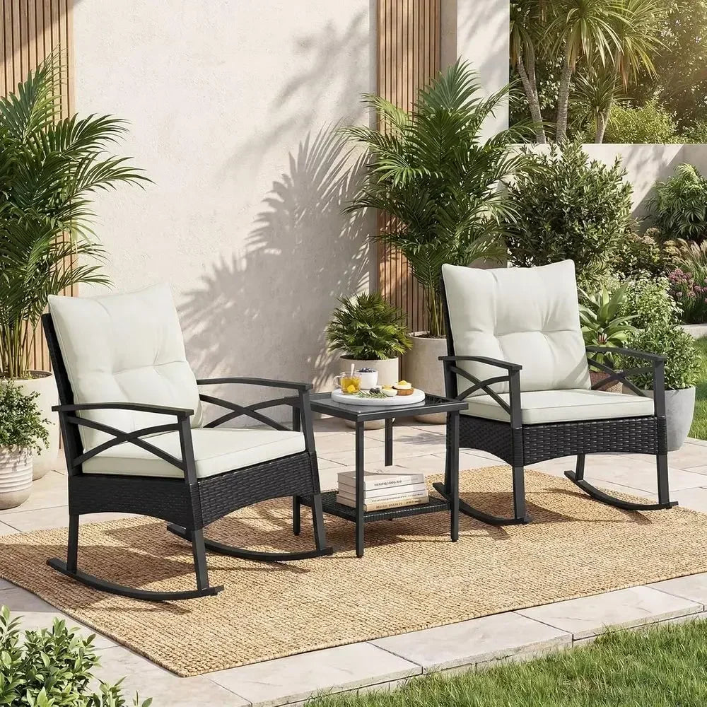 3-Piece Outdoor Rocking Chair Set with Cushions and 2-Tier Glass Coffee Table for Garden, Balcony, Backyard (Black + Beige)