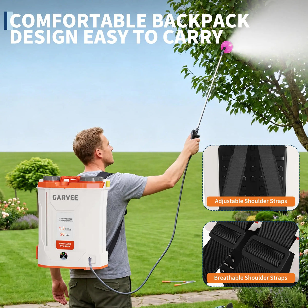 Battery Powered Backpack Sprayer 3.2/5.3 Gallon 21V 4Ah Electric Weed Sprayer 90 PSI Agitation System 5 Nozzles