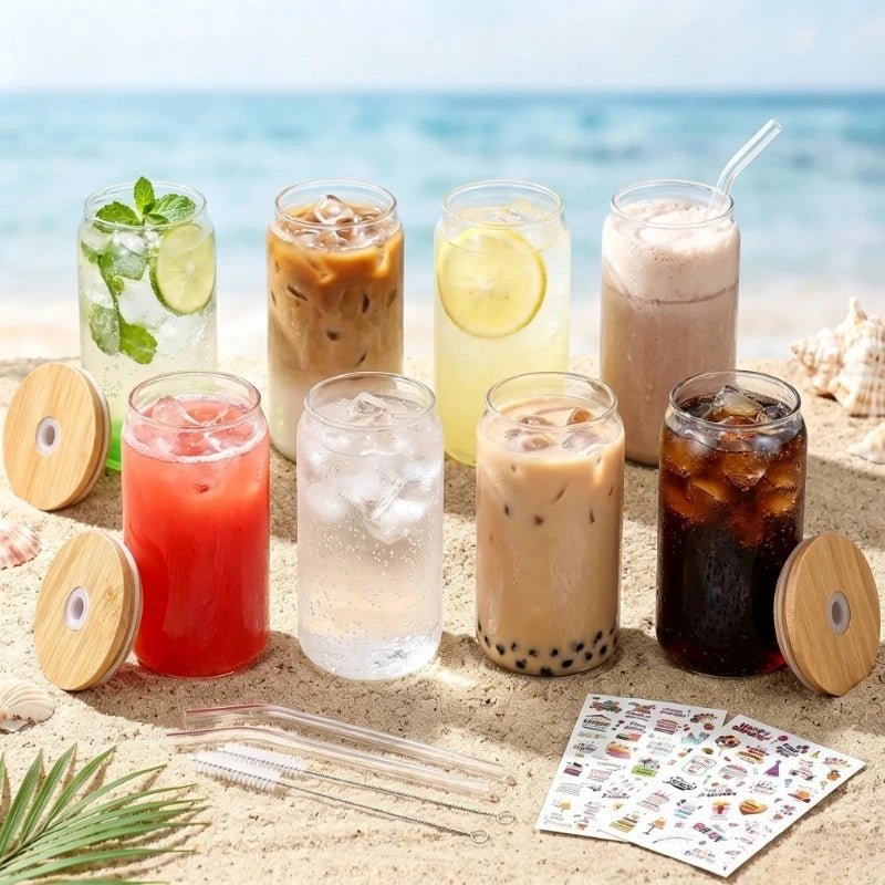 Can Shaped Glass Cups With Bamboo Lids And Reusable Straws