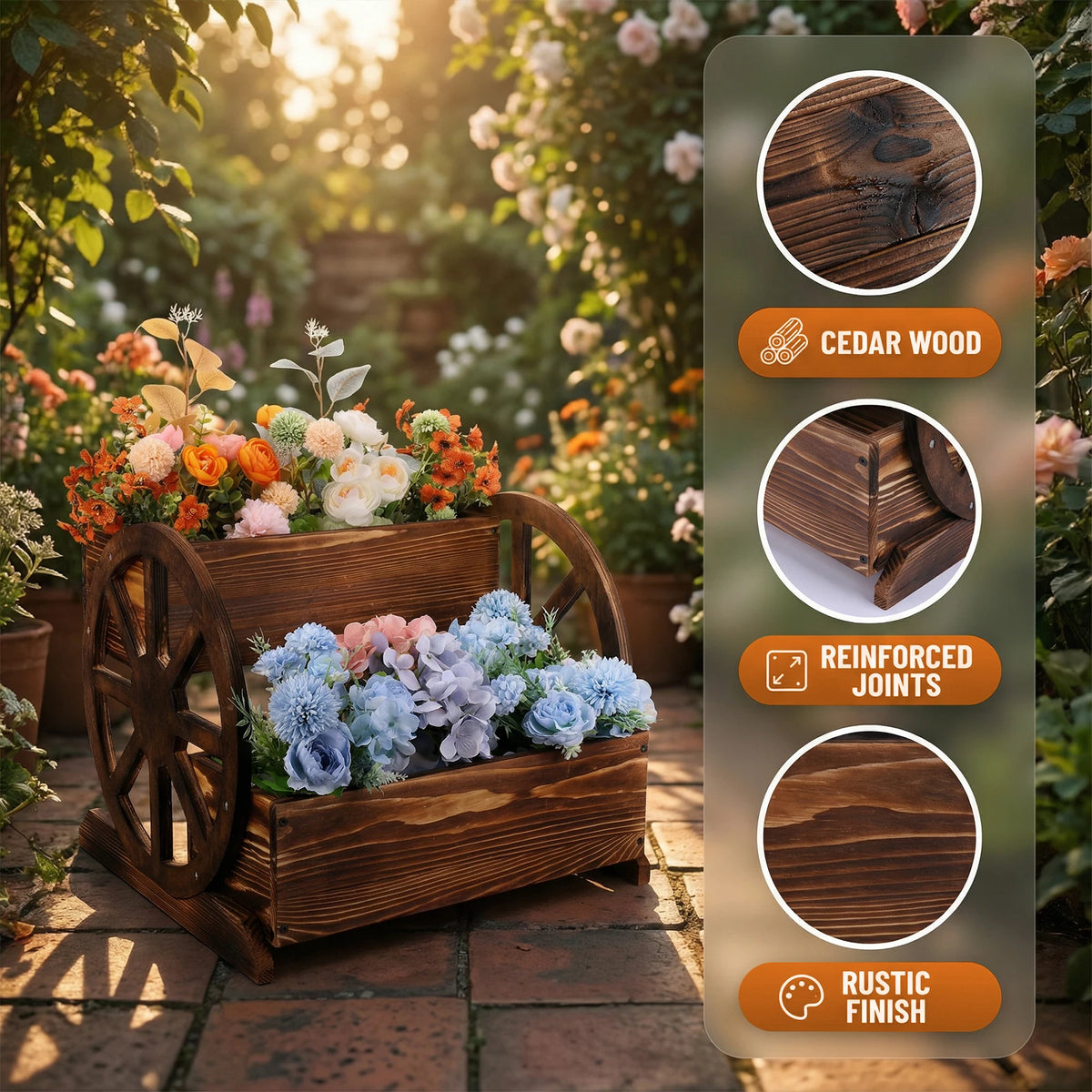Wooden Wheelbarrow Planter With Wheels For Outdoor Garden Decor