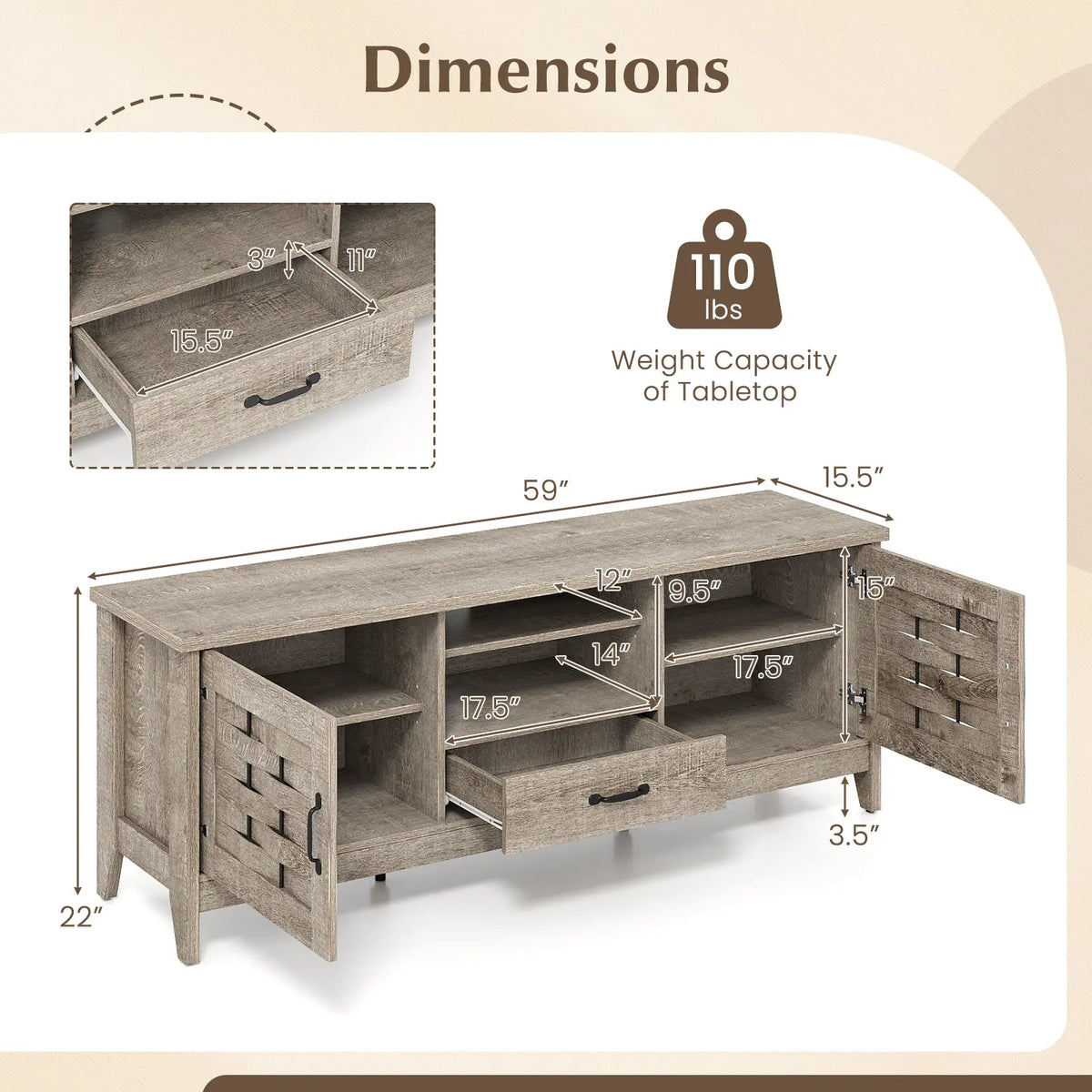HOMASIS TV Stand With Woven Doors And Adjustable Shelves