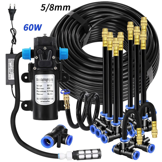 Garden Misting Pump Kit with 60W Self Priming Brass Nozzle