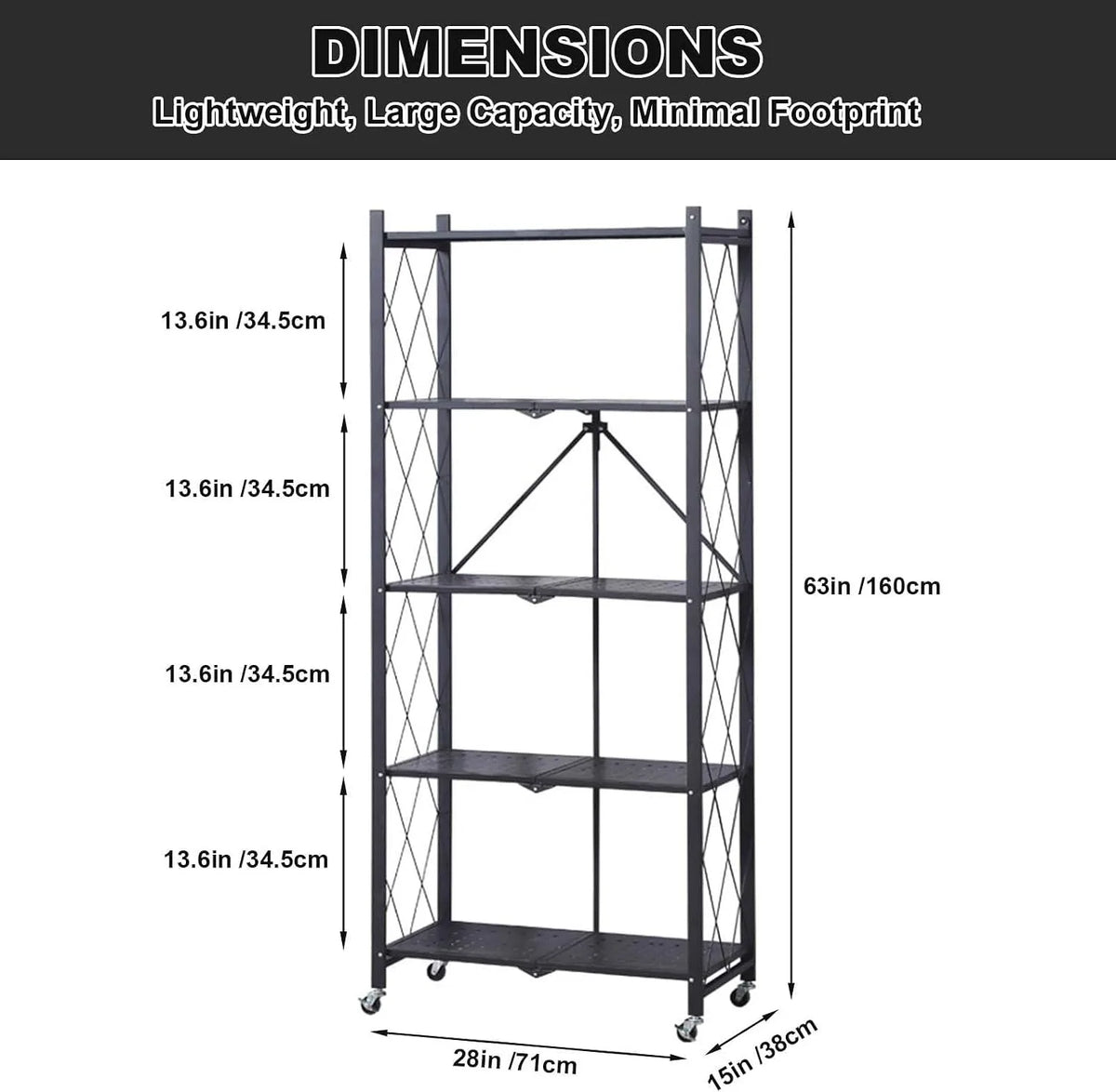 Heavy Duty Five Tier Collapsible Rolling Metal Storage Rack