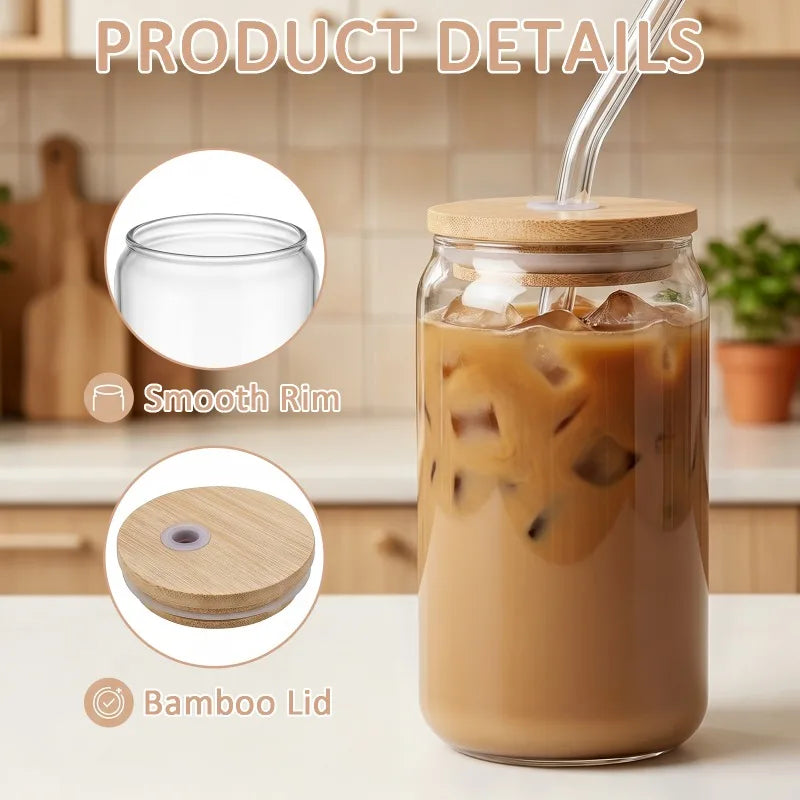Can Shaped Glass Cups With Bamboo Lids And Reusable Straws