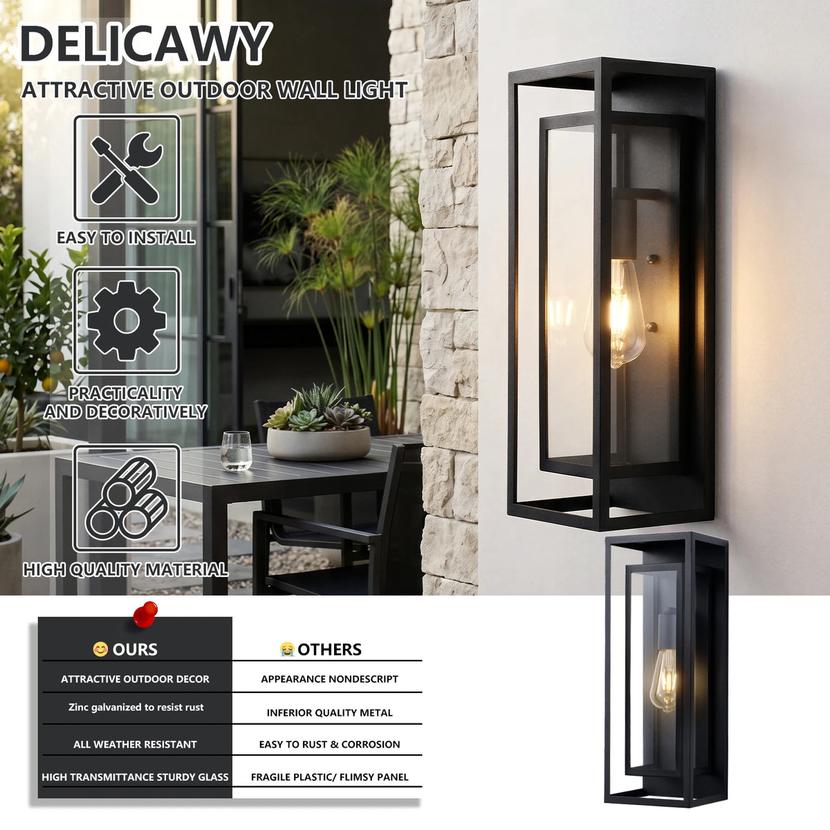 Arlgsite Exterior Iron Wall Lantern With Tempered Glass