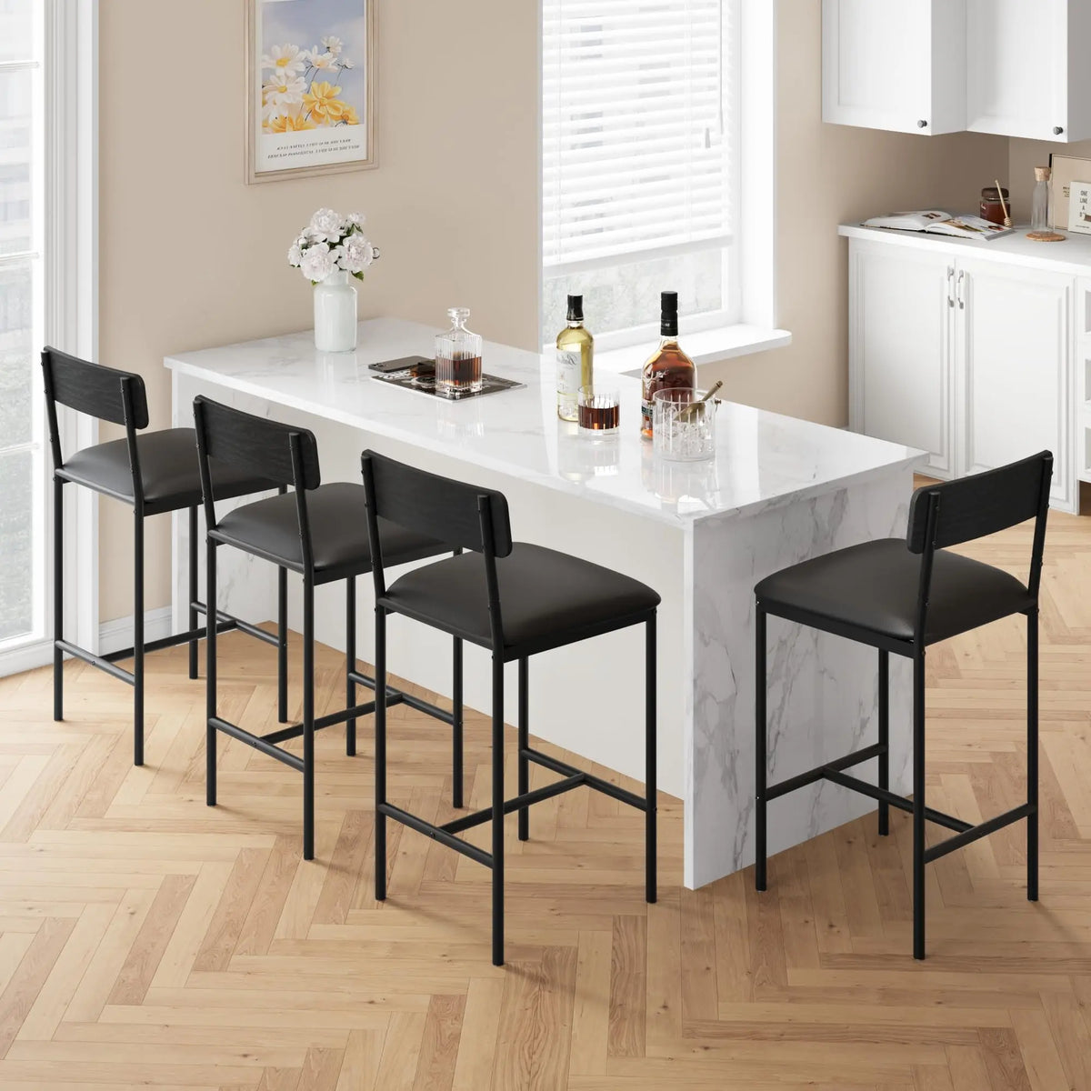 4 PCS Counter Height Bar Stools 25.5'' PU Leather Upholstered Bar Chairs with Backrest & Footrest Easy Assembly Black for Kitchen