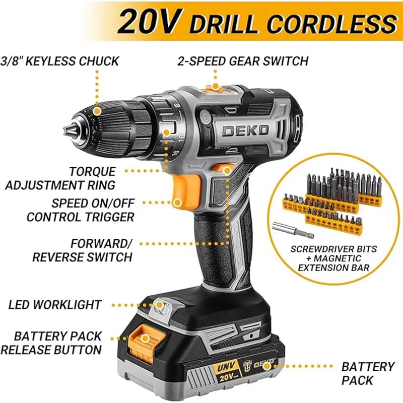 20V DEKO  cordless drill kit with battery,  manual repair, men's drill,basic toolbox, suitable for household tools
