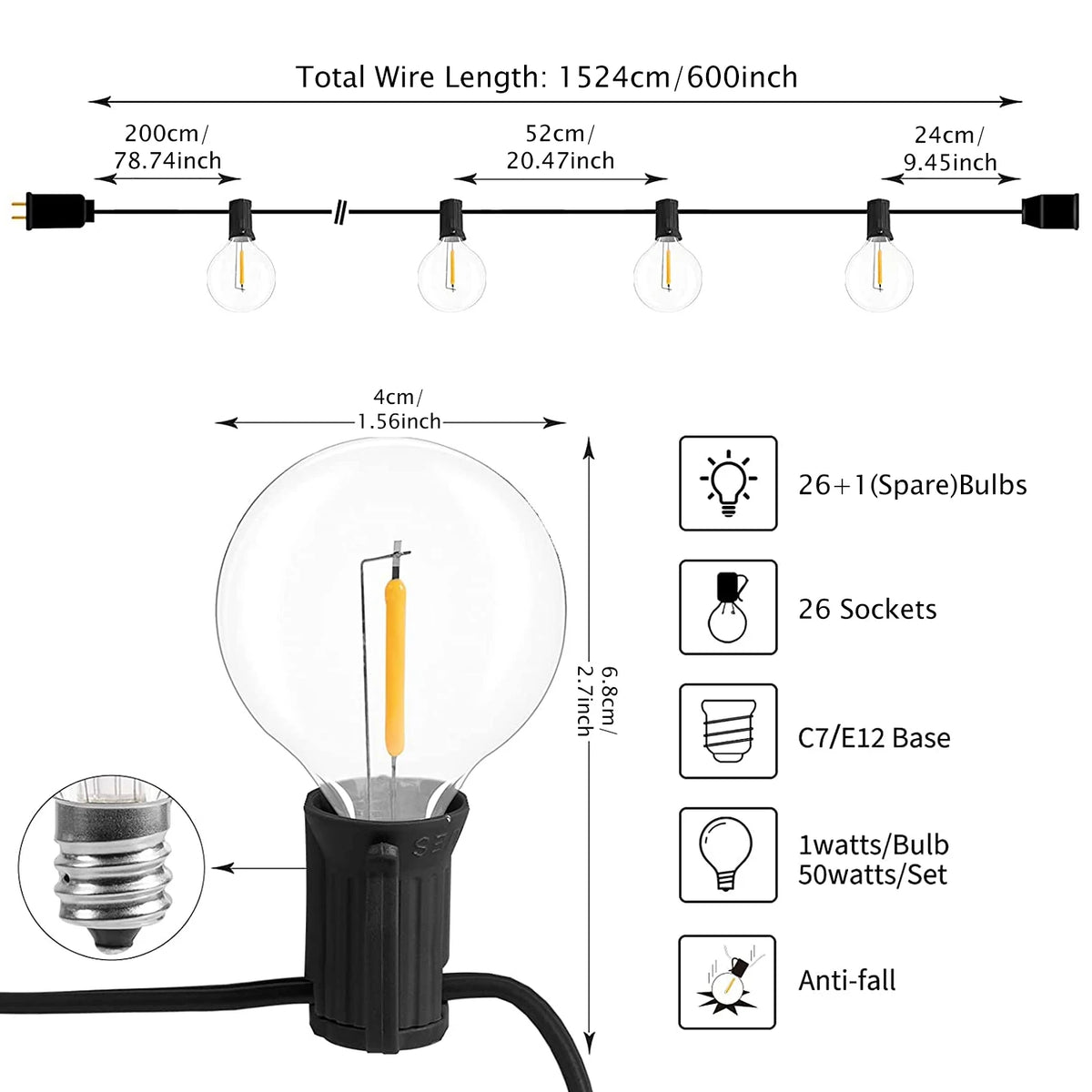 Aiopp G40 LED Globe String Lights Outdoor With US Plug