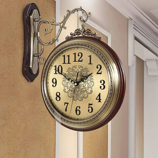 European Style Double Sided Wall Clock Alloy And Wood