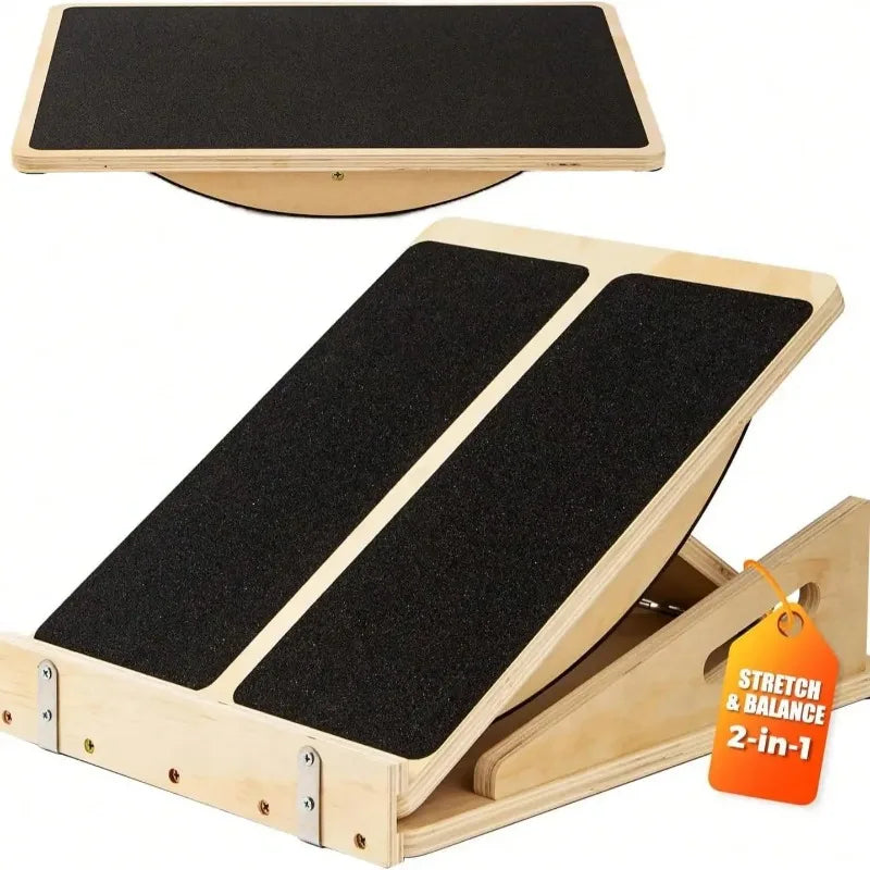 2‑in‑1 Wooden Balance Board & Calf Stretcher Slant Board, Adjustable Angles Non‑Slip Wooden Foot Stretching Board for Ankle Heel Leg Stretch, Core Strength Balance Training, Physical Therapy Home Gym Workout Equipment