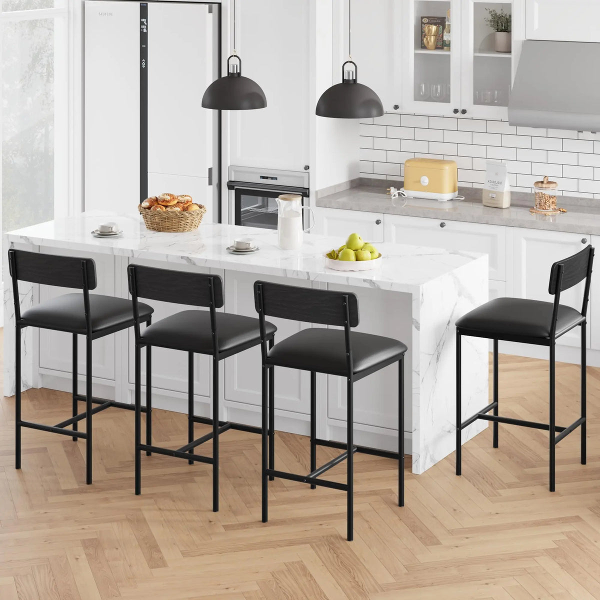 4 PCS Counter Height Bar Stools 25.5'' PU Leather Upholstered Bar Chairs with Backrest & Footrest Easy Assembly Black for Kitchen