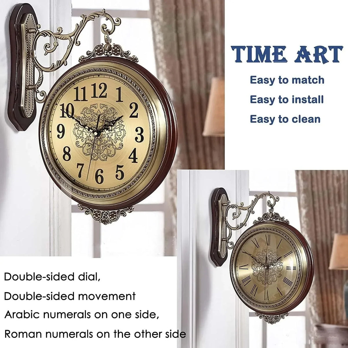 European Style Double Sided Wall Clock Alloy And Wood