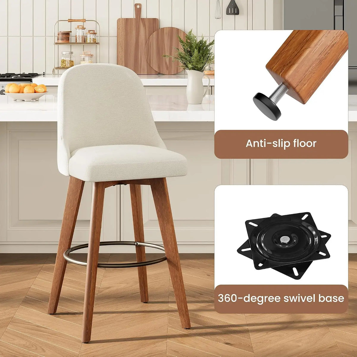 Modern Linen Upholstered Swivel Bar Stools With Wood Legs