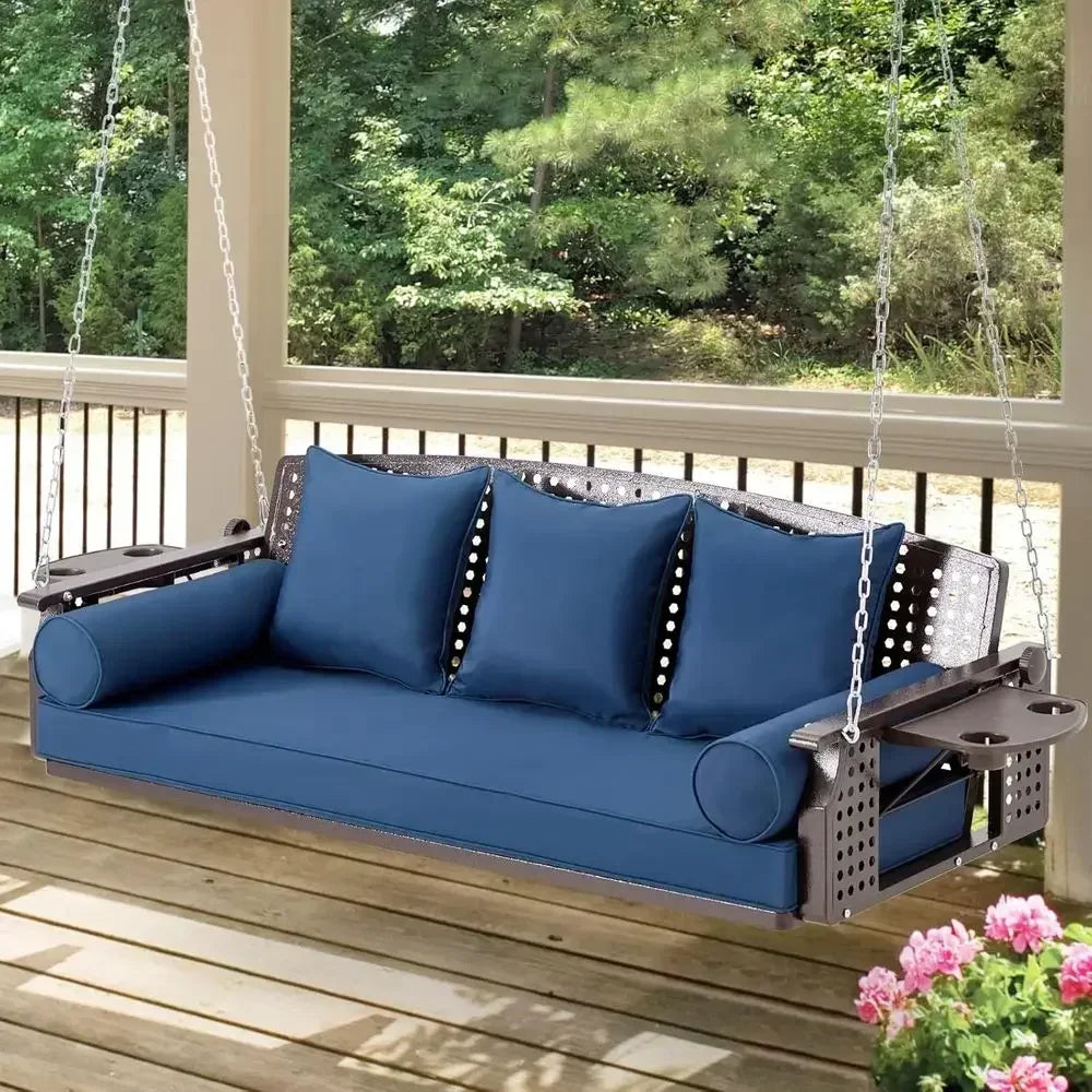 Three Seat Patio Swing Bench With Cup Holders And Cushions