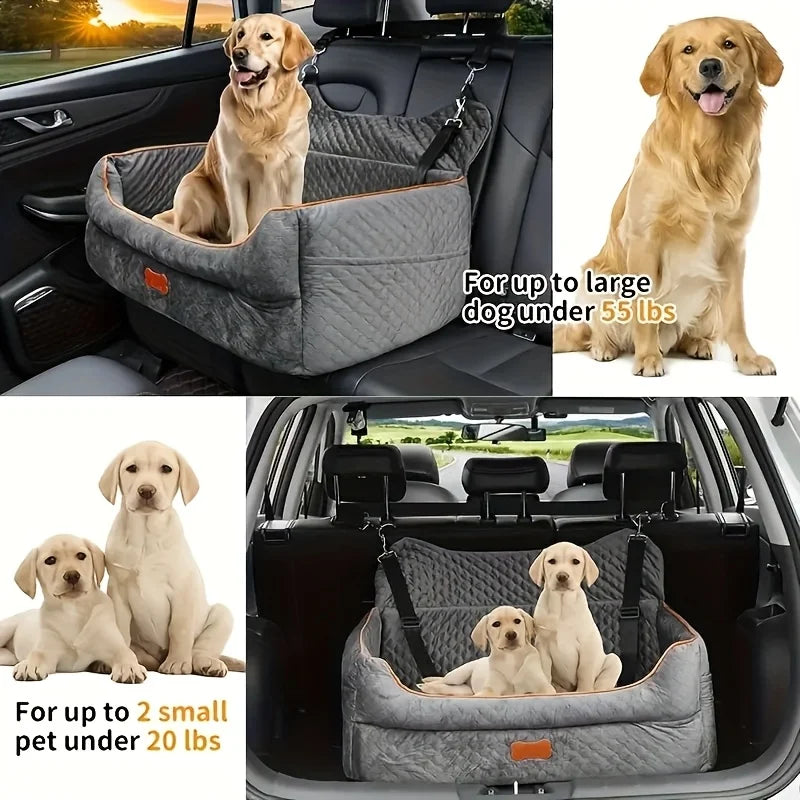 Dog Car Seat Booster Cushion with Memory Foam - Secure Strap Installation, Thick Padding & Storage Bag - Heavy-Duty Travel Bed for Large/Medium Dogs up to 24.95 KG or 2 Small Dogs - Washable Car Seat Protector - Gray Pet Vehi