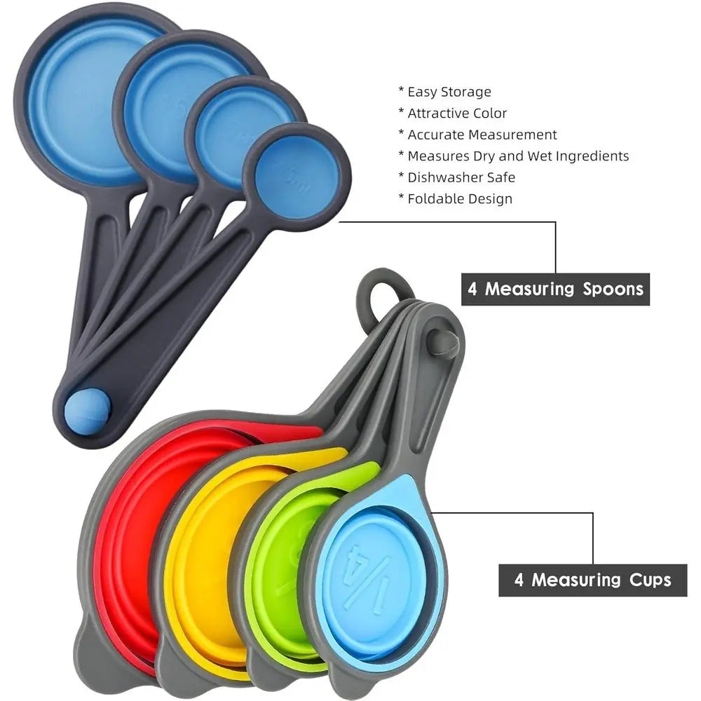 Collapsible Measuring Cups and Spoons 8Piece Engraved Metric US Markings